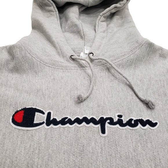 Champion Reverse Weave Hoodie Chenille Spellout Logo Streetwear Gray Mens L - Picture 2 of 12